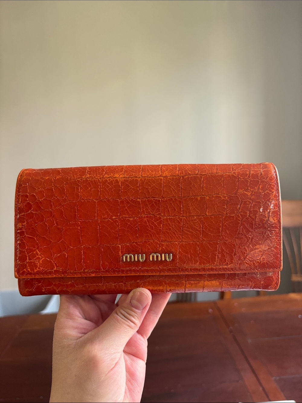 Miu Miu Croc-Embossed Orange Leather Continental Wallet